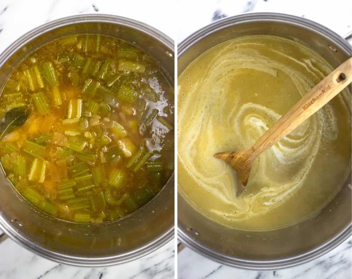 Simmered celery and potatoes in broth (left) and pureed with cream drizzled in (right).