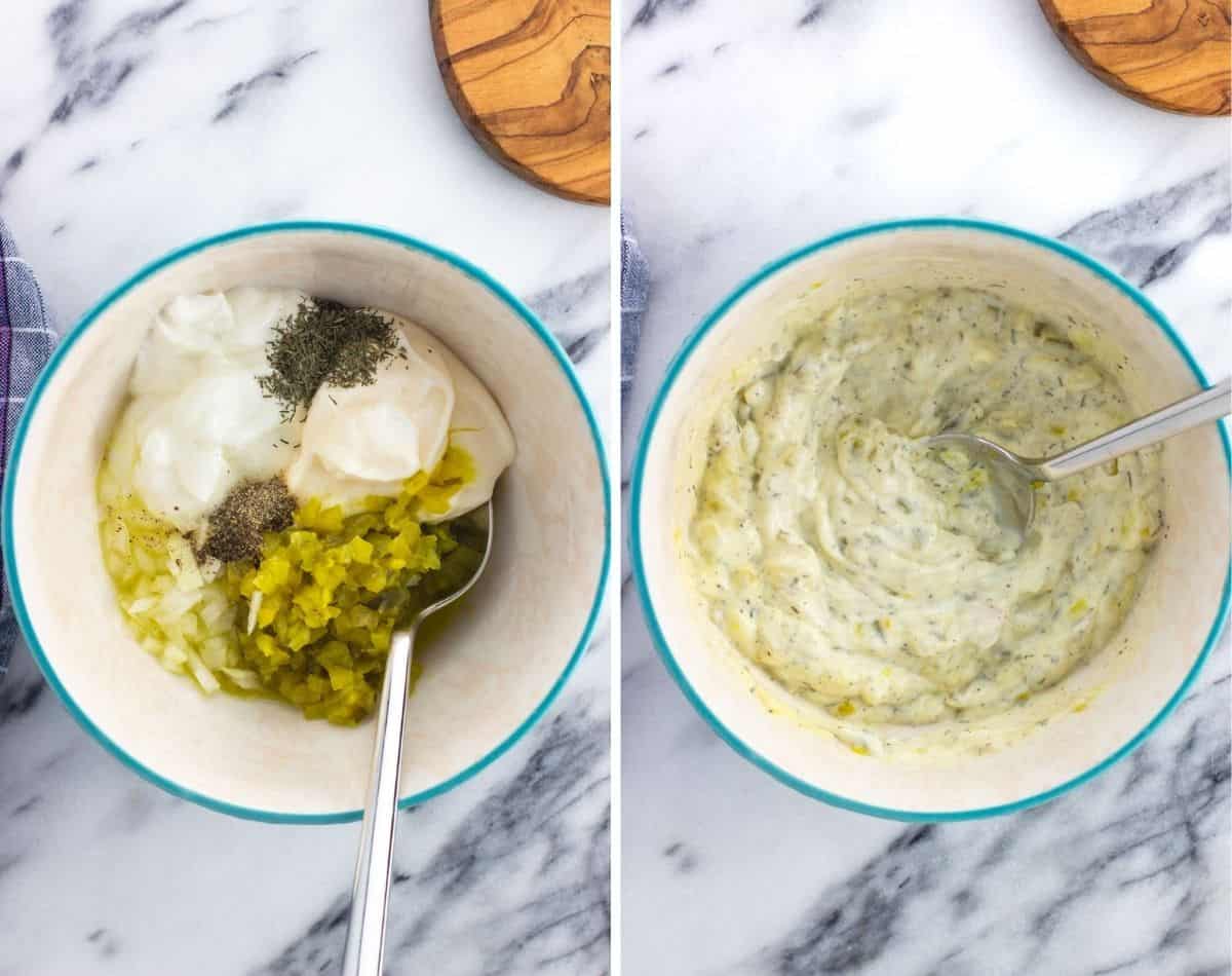 Light tartar sauce ingredients added to a bowl (left) and stirred together (right).