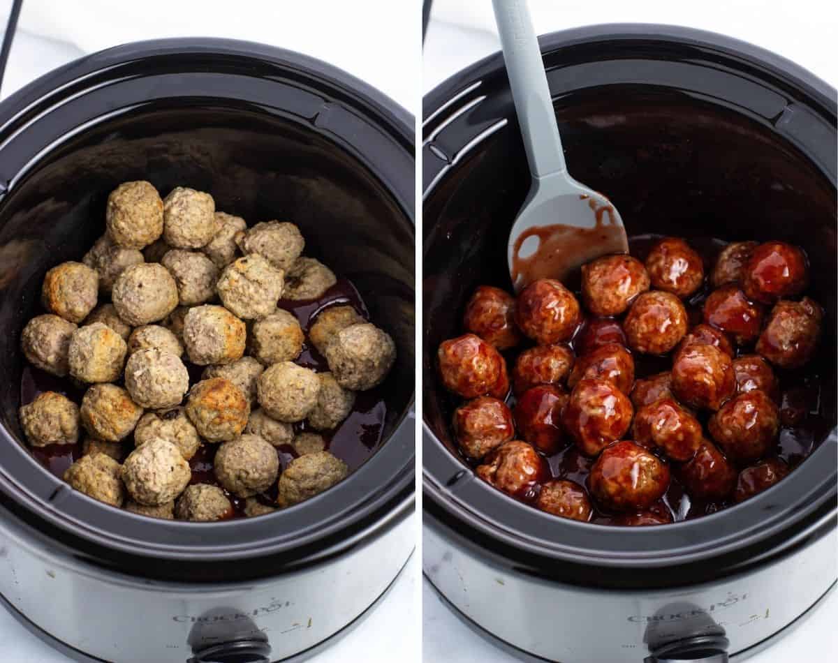 Thawed meatballs added to the slow cooker (left) and stirred with the sauce (right).