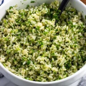 Cilantro lime brown rice in a serving bowl.