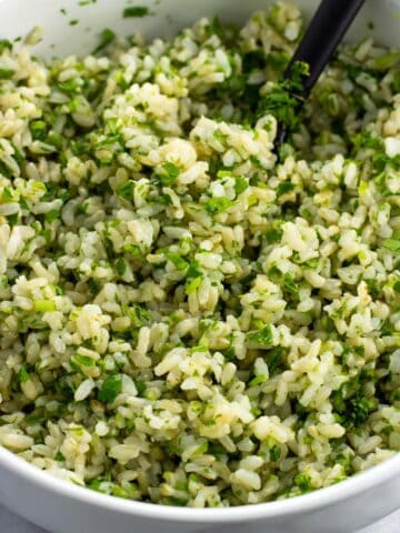 Cilantro lime brown rice in a serving bowl.