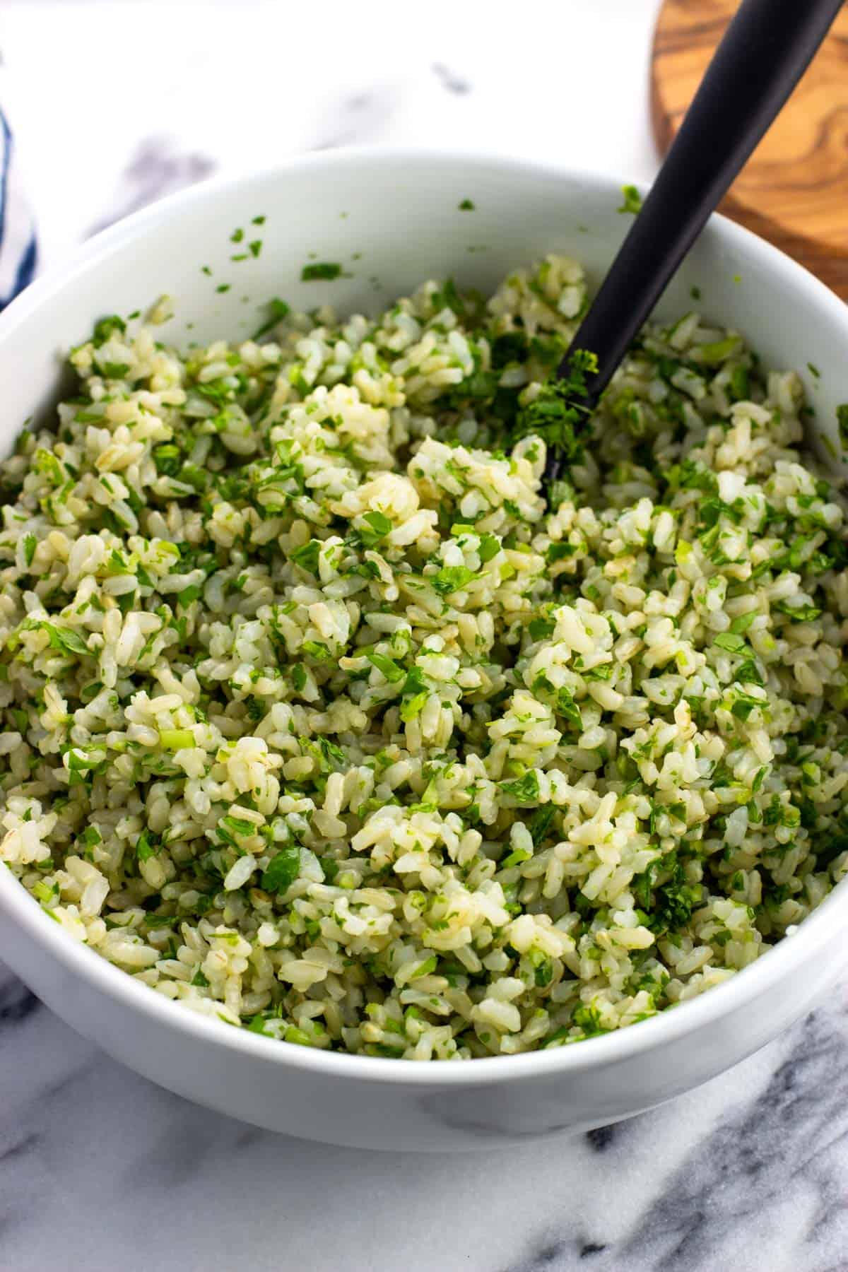 Cilantro lime brown rice in a serving bowl.