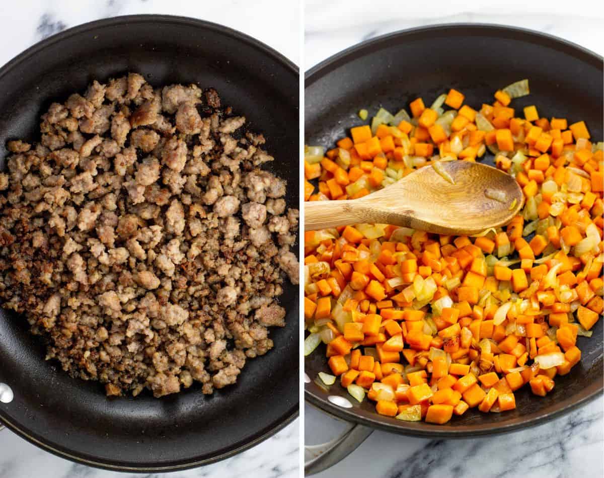 Browned sausage in a pan (left) and sauteed onion and sweet potato in a pan (right).