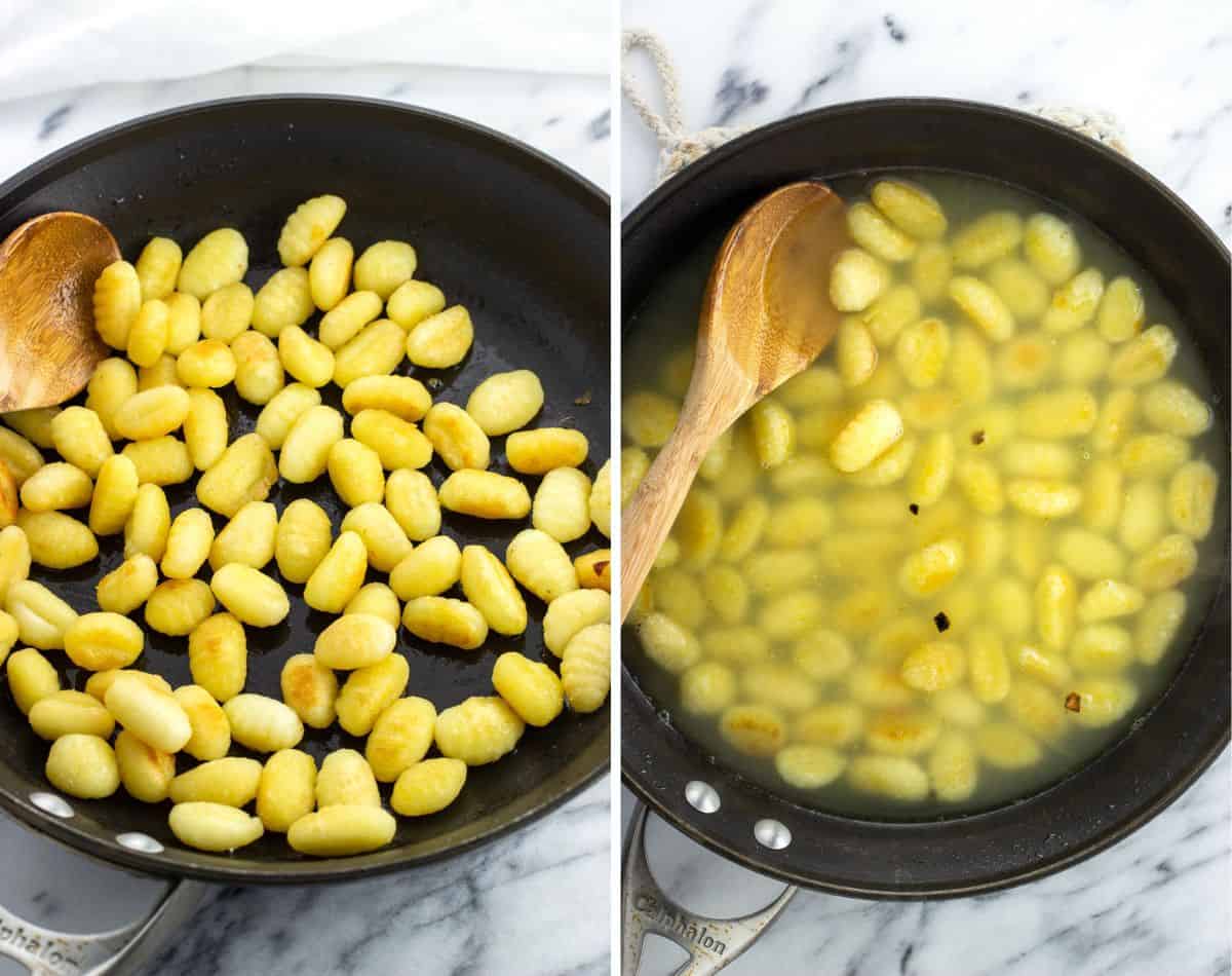 Browned gnocchi in a pan (left) and with broth just poured in (right).