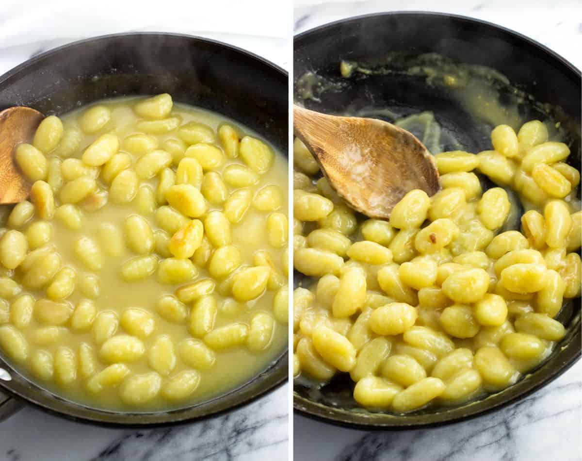 Broth halfway reduced over the gnocchi (left) and fully reduced (right).