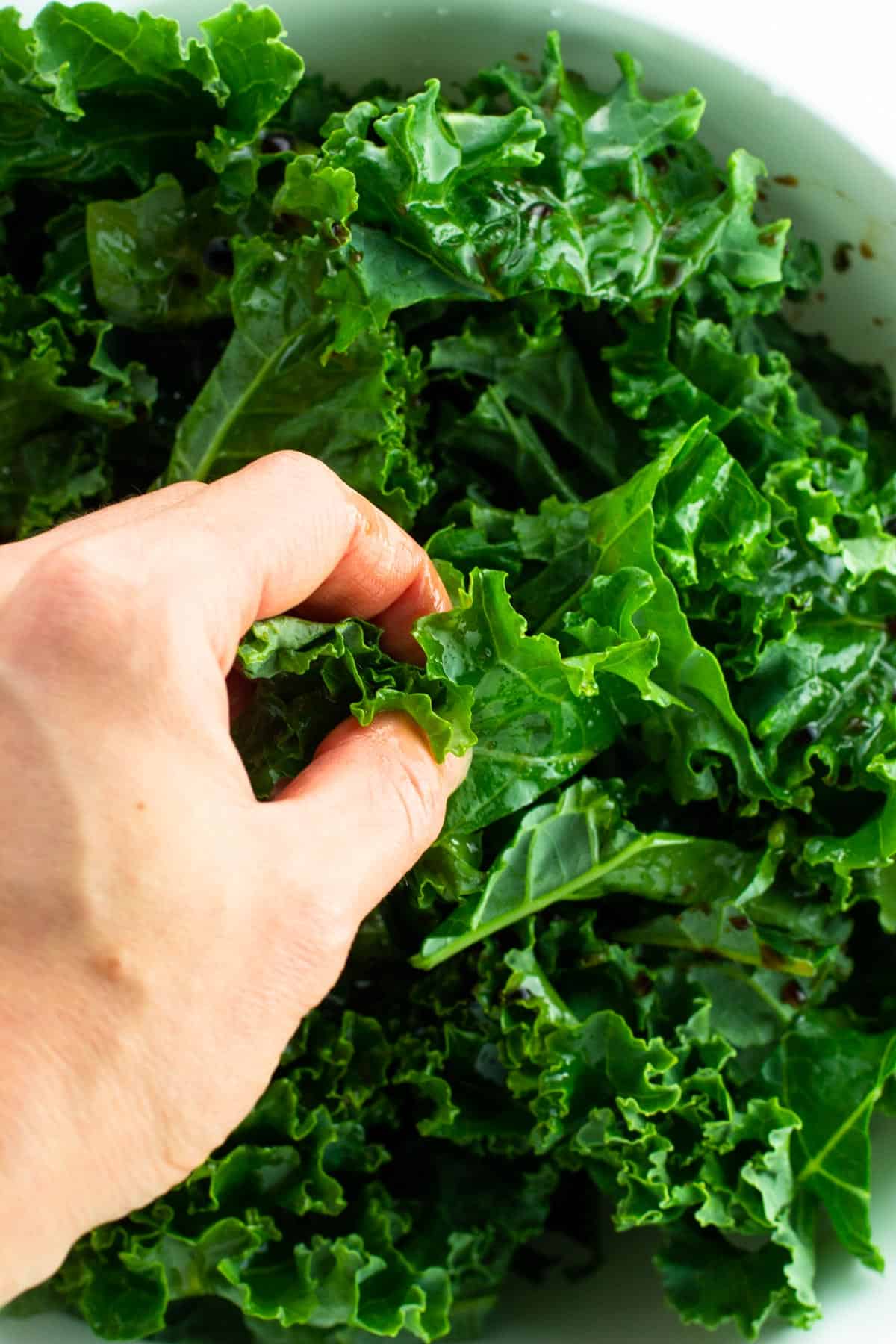 A hand massaging kale leaves with oil and balsamic vinegar.