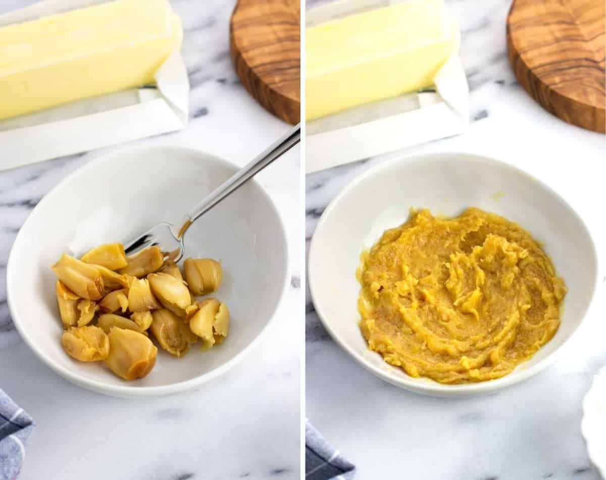Roasted garlic cloves in a bowl (left) and mashed (right).