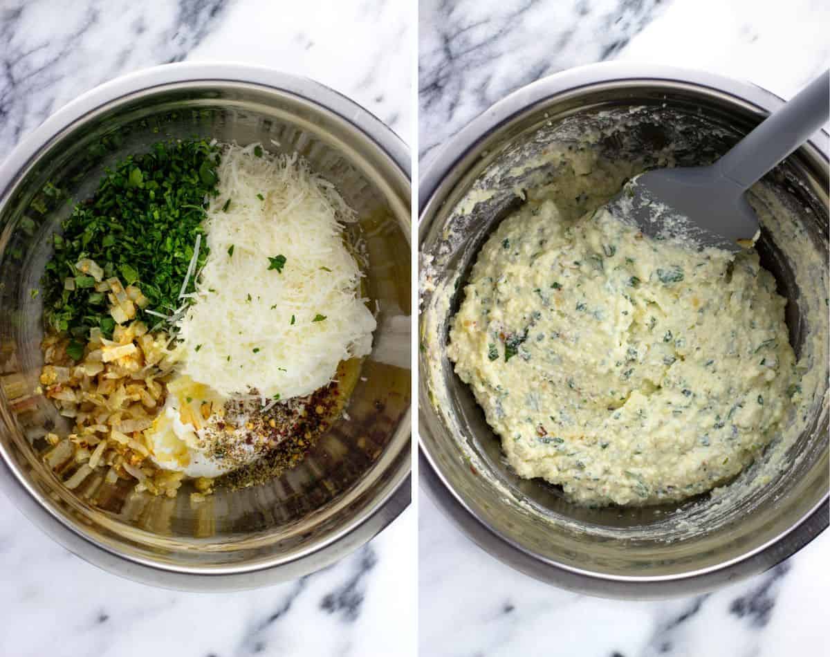 Baked ricotta ingredients in a mixing bowl before (left) and after (right) stirring.
