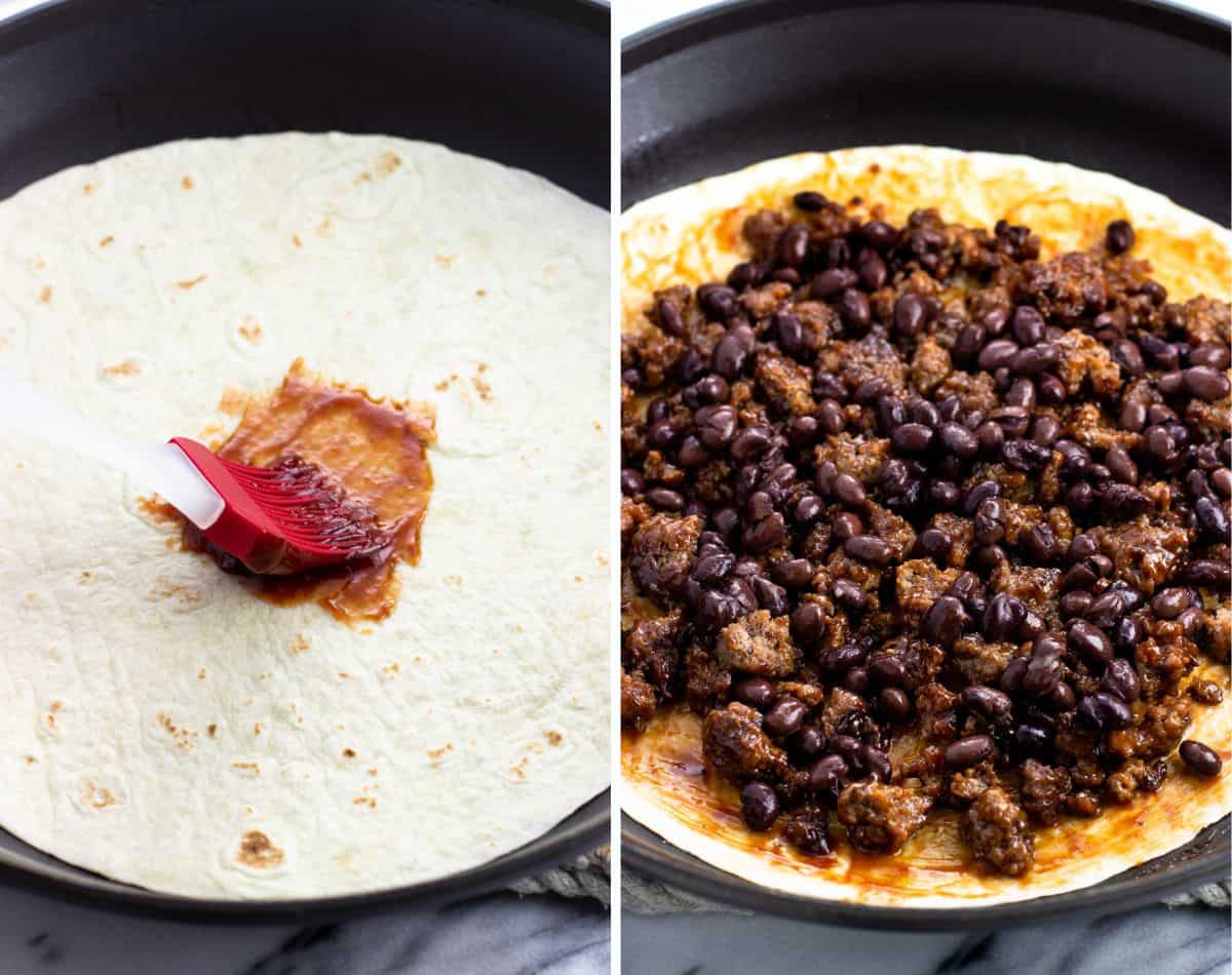 BBQ sauce being brushed on a tortilla (left) and topped with ground beef and black beans (right).