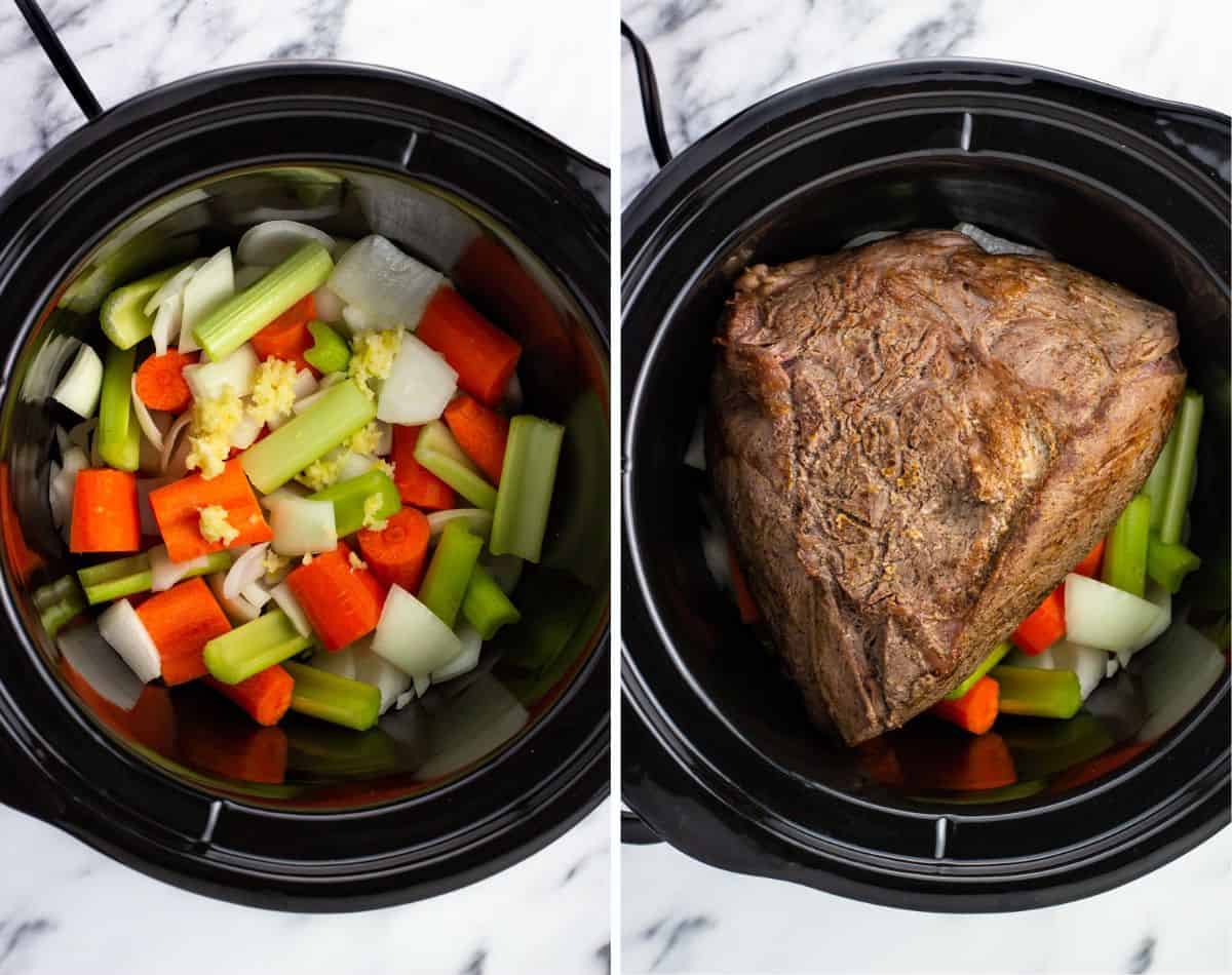 Raw vegetables in the slow cooker (left) and with a seared shoulder roast on top (right).