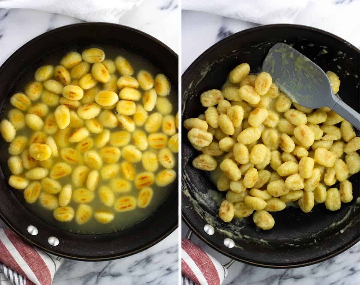 Toasted gnocchi in a pan with chicken broth (left) and after the broth has reduced (right).