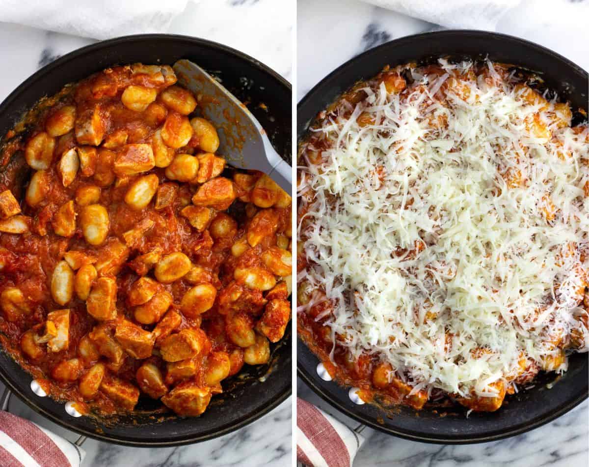 Marinara sauce added to the gnocchi and chicken (left) and topped with shredded cheese (right).