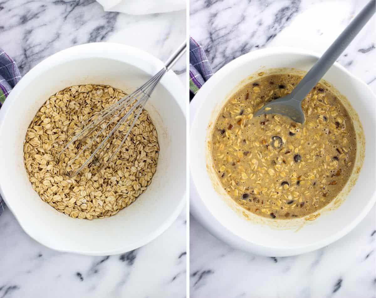 Dry ingredients whisked together in a bowl (left) and combined with the wet ingredients (right).