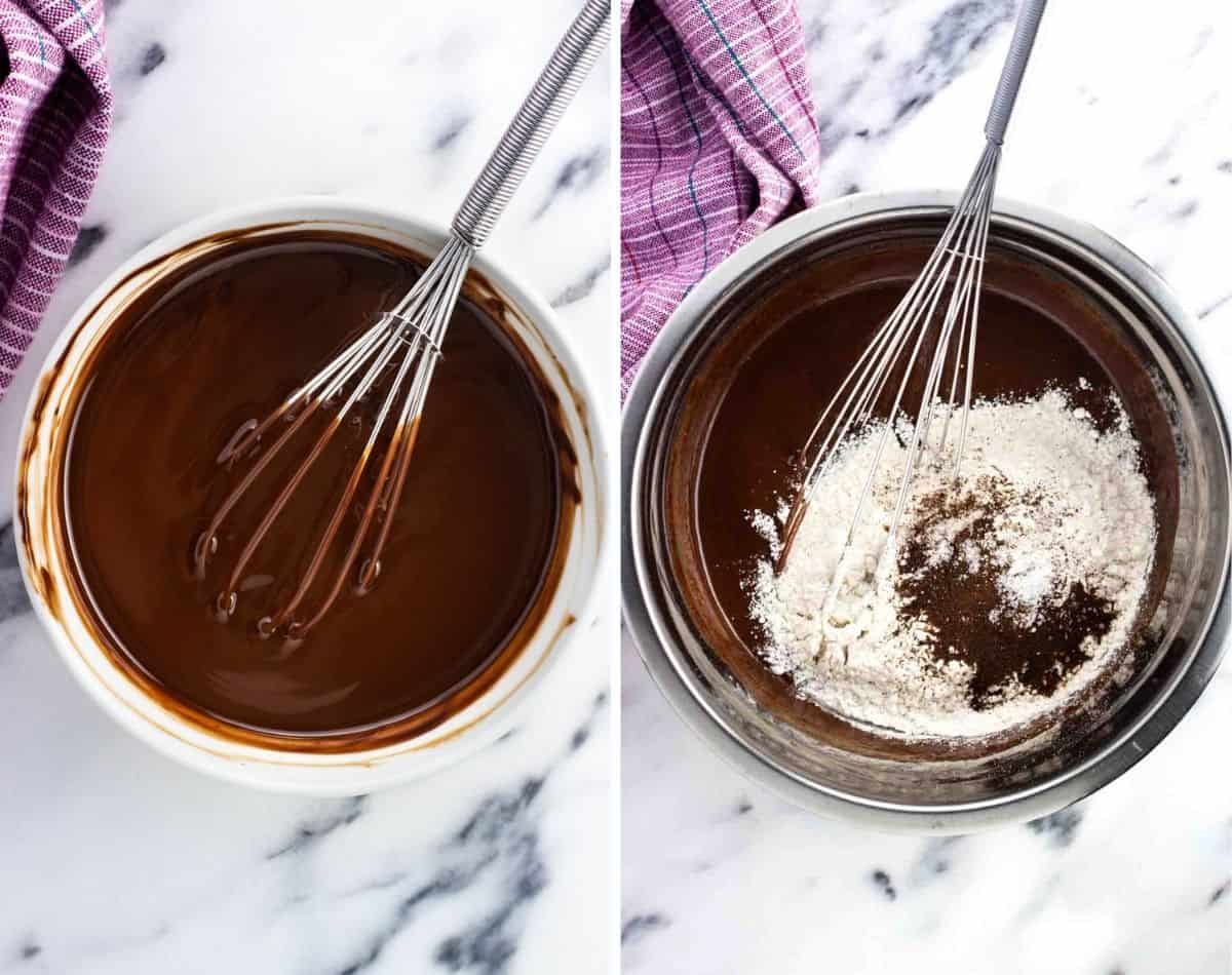 Melted chocolate and butter whisked in a bowl (left) and with the dry ingredients added (right).