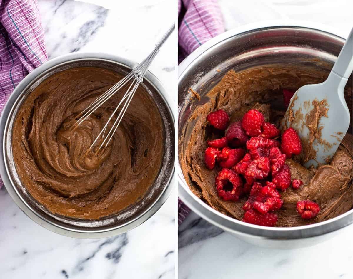 Brownie batter combined in a bowl (left) and with fresh raspberries added (right).