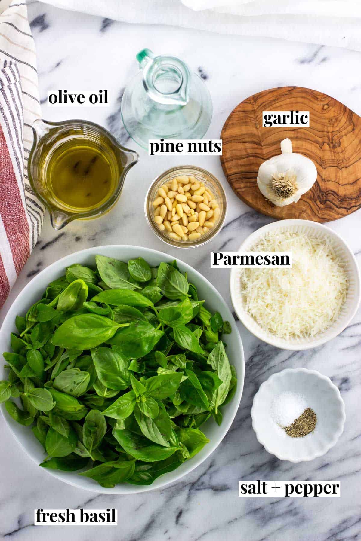 Labeled basil pesto ingredients in separate ingredients.