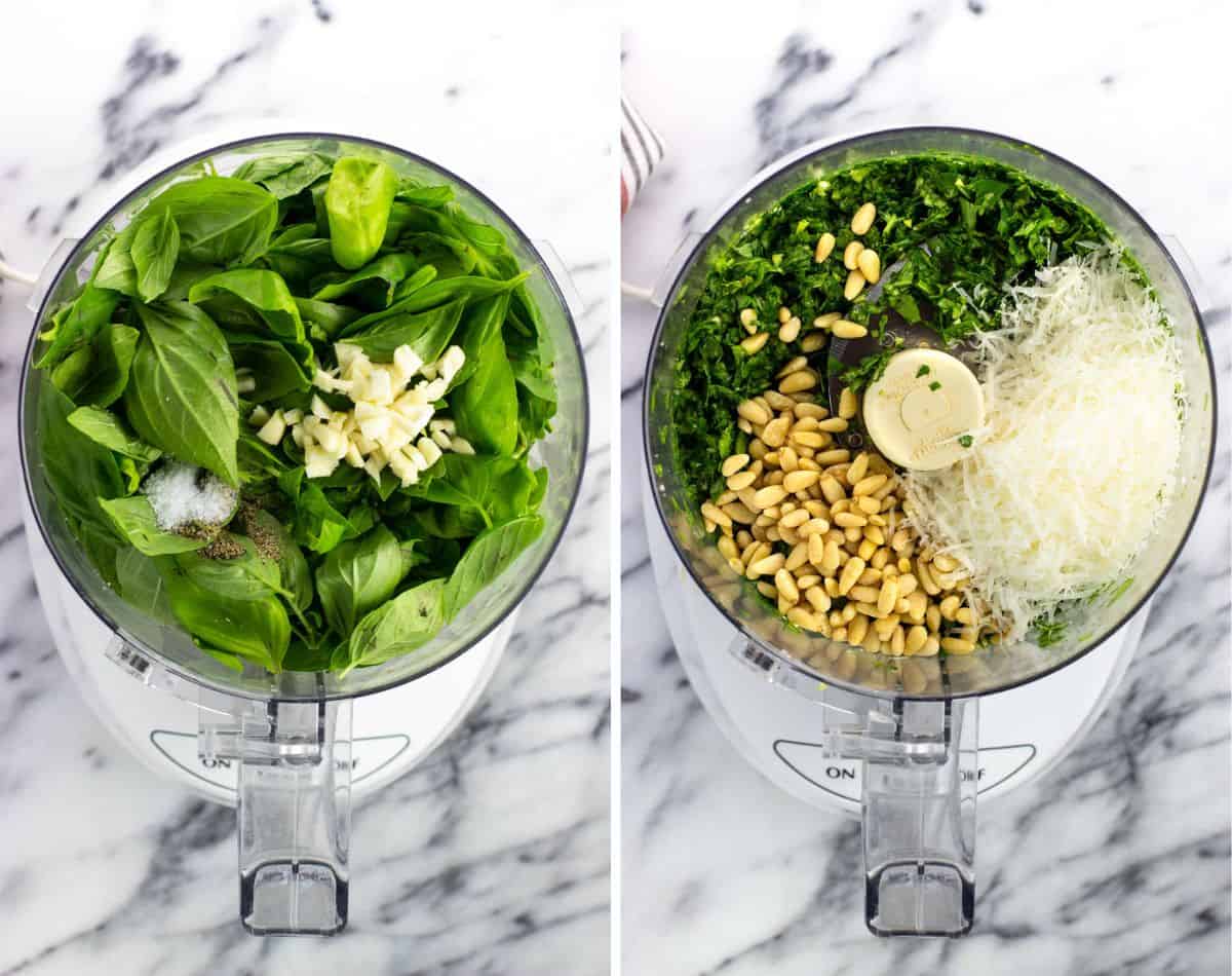 A food processor with basil leaves, garlic, salt, and pepper (left) and blended with pine nuts and Parmesan (right).