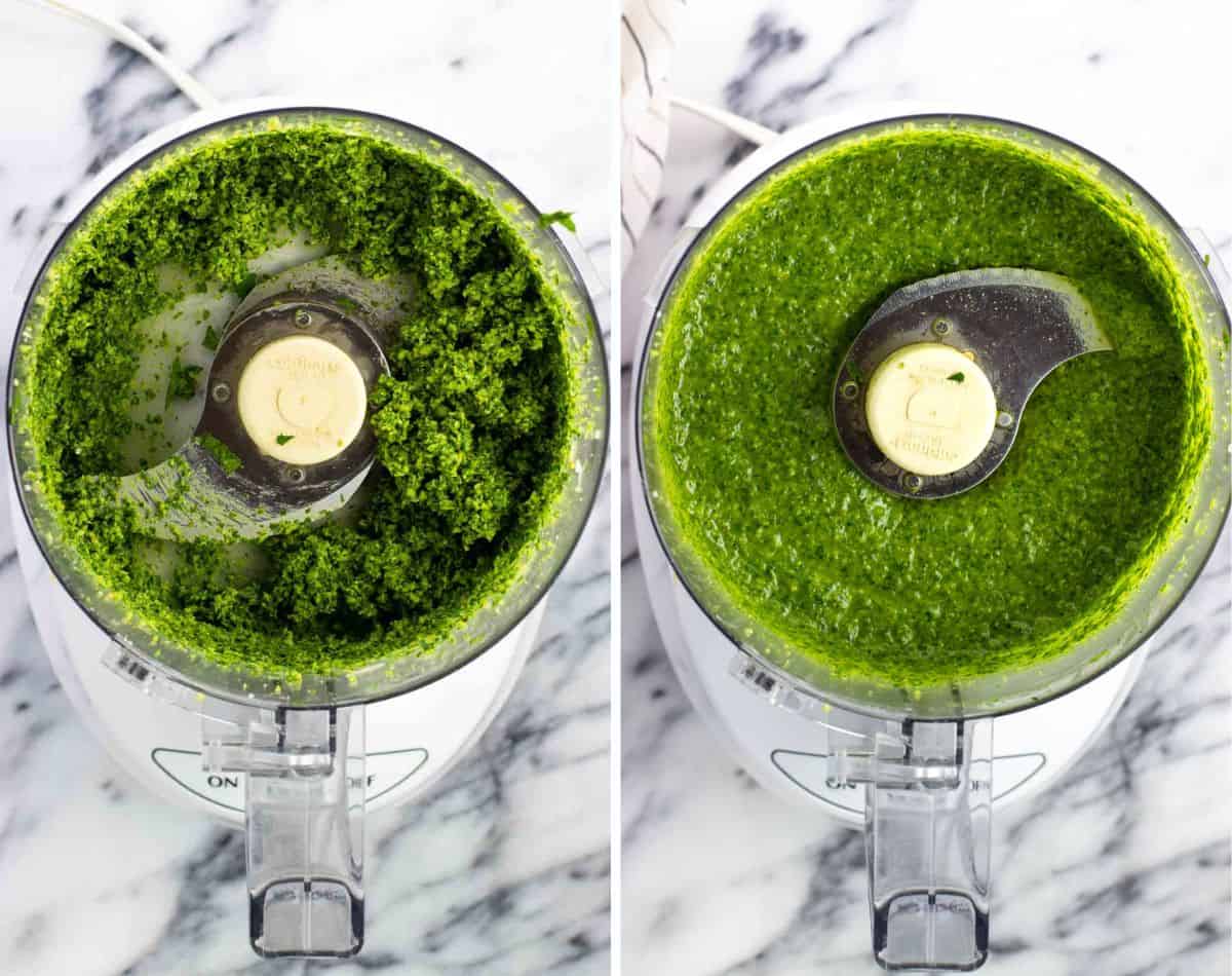 Pesto sauce in the food processor before (left) and after (right) adding olive oil.