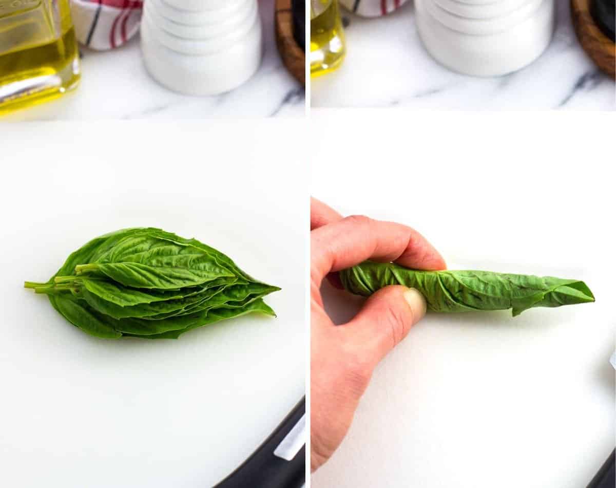 Basil leaves stacked on top of one another (left) and rolled into a tube (right).