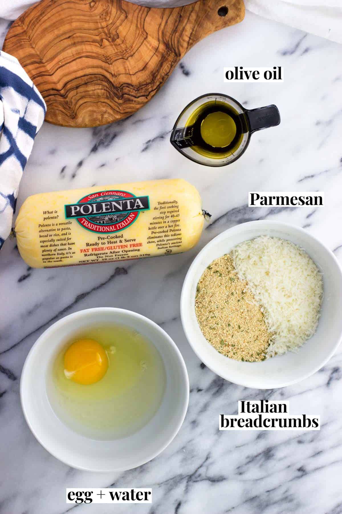 Labeled pan fried polenta recipe ingredients in separate containers.