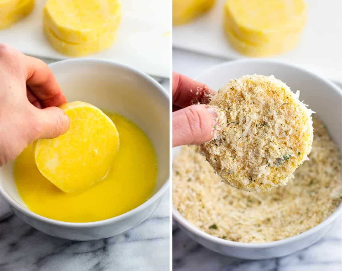 A hand dipping a polenta slice into beaten egg (left) and then in breadcrumbs and Parmesan (right).