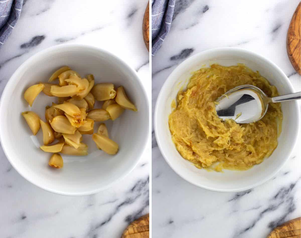 Roasted garlic cloves in a bowl whole (left) and after being smashed (right).