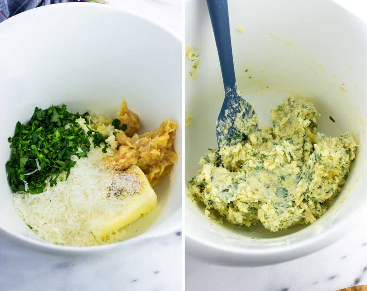 Garlic bread topping ingredients in a bowl (left) and after being combined (right).