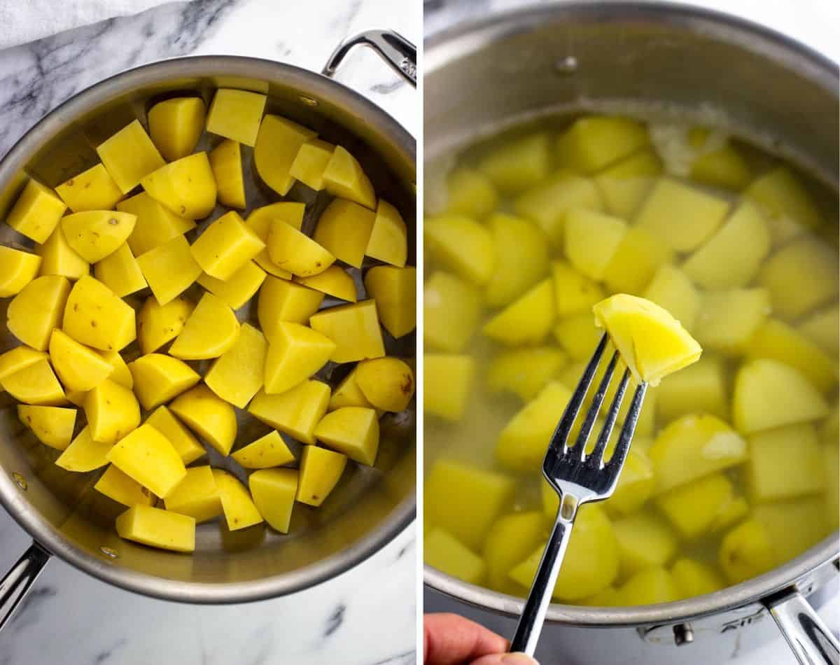 Cubed potatoes in a pan (left) and a fork holding up a potato piece after boiling (right).