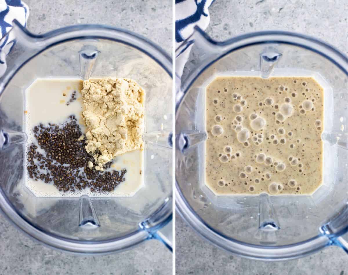 Milk, chia seeds, nut butter, and protein powder in a blender before (left) and after (right) blending.