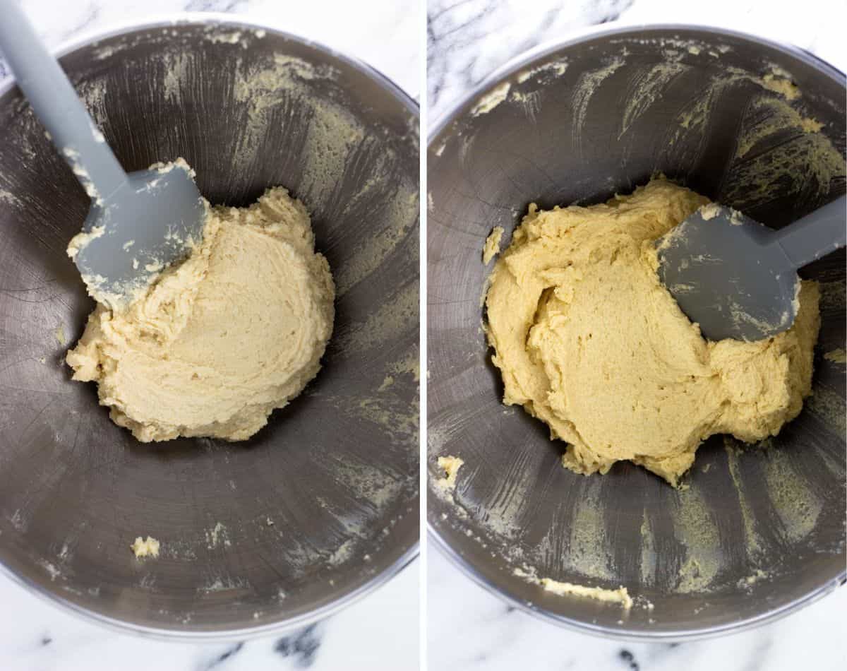 Butter and sugars creamed in a bowl (left) and mixed with an egg and vanilla extract (right).