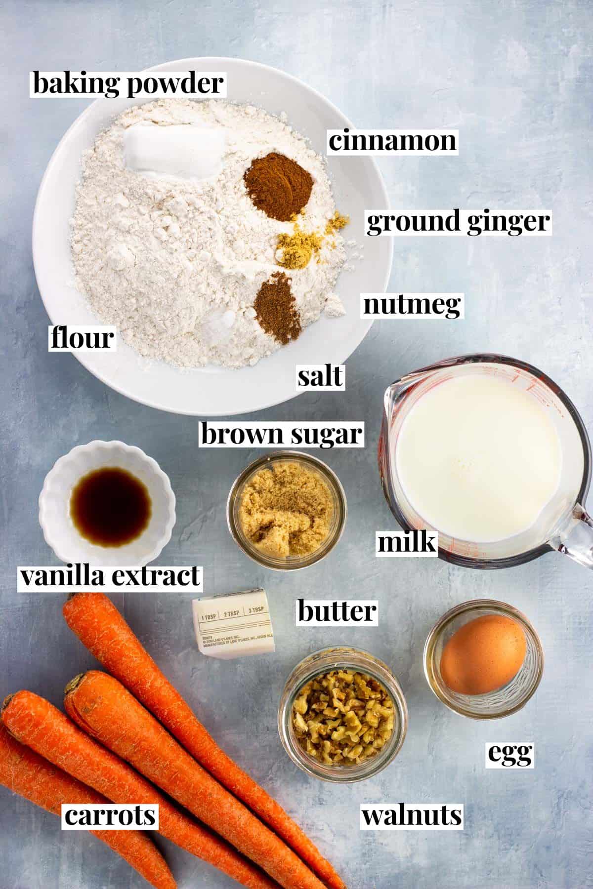 Labeled carrot cake pancake ingredients in separate containers.