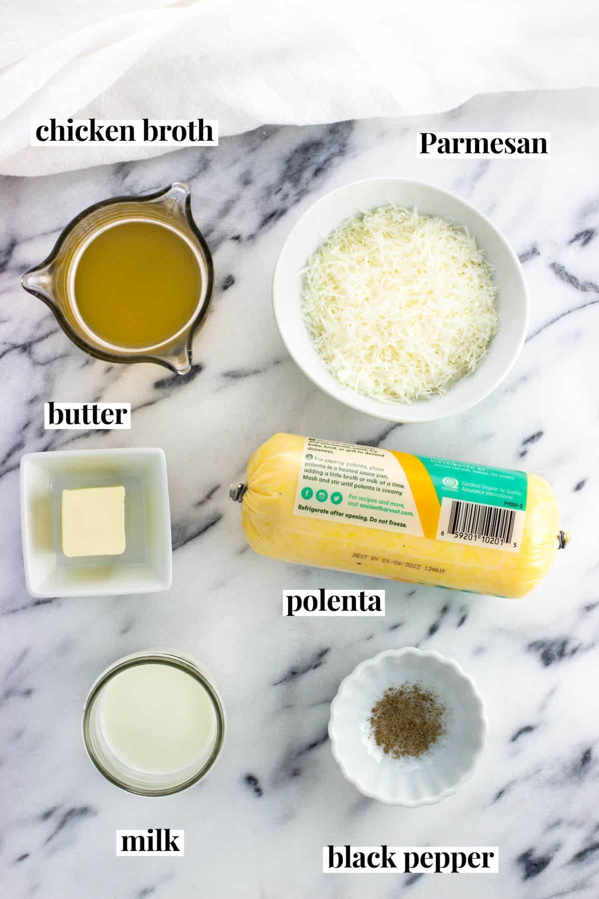 Labeled quick creamy polenta ingredients in separate containers.