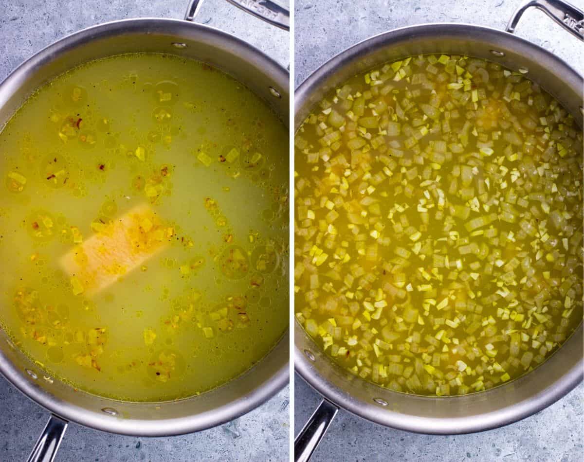 A hunk of Parmesan added to the pot of broth before simmering (left) and after (right).