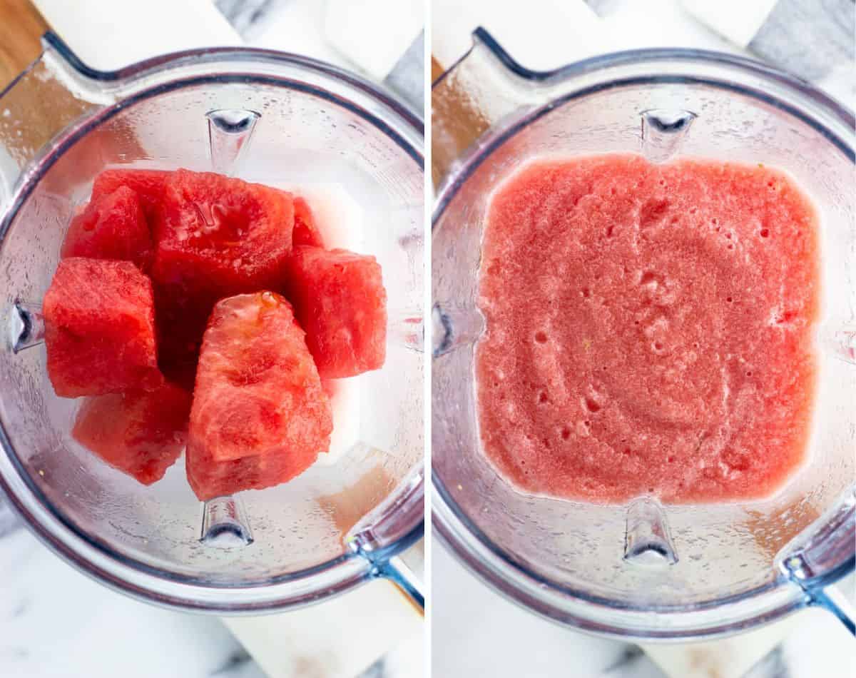 Watermelon, agave, and coconut water in the blender before (left) and after (right) being blended.