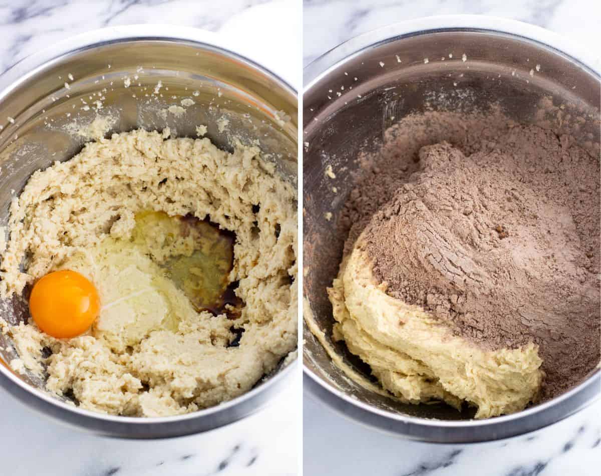 The wet ingredients in a bowl before mixing in the egg and vanilla (left) and after mixing and pouring in the dry ingredients (right).