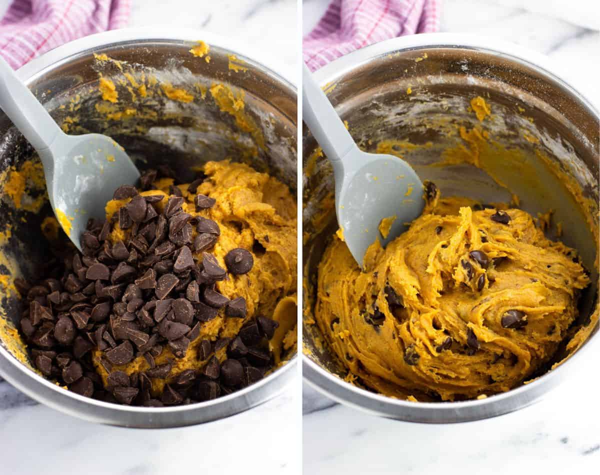 A bowl of cookie dough before (left) and after (right) stirring in chocolate chips.