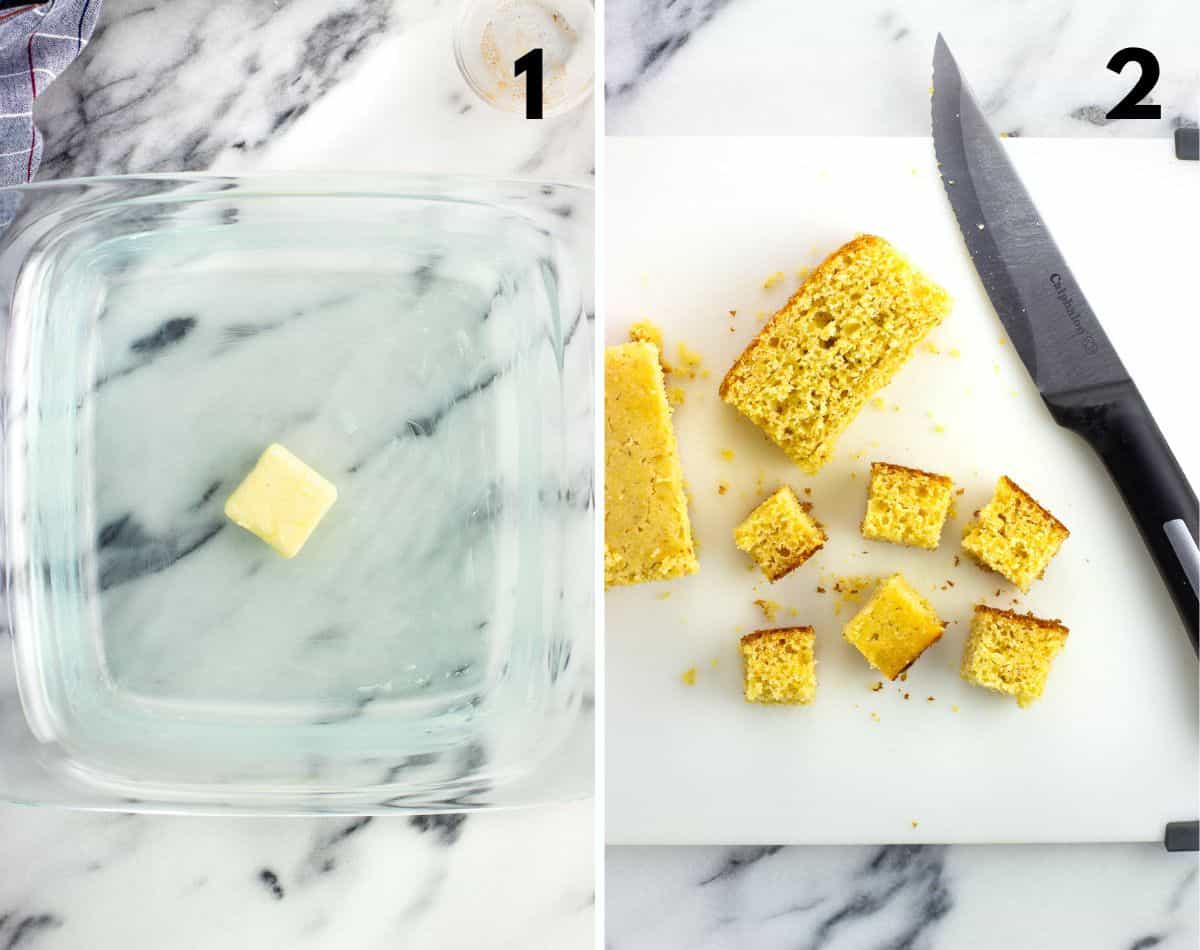A pat of butter in a glass pan (left) and cornbread cubes being chopped on a board (right).