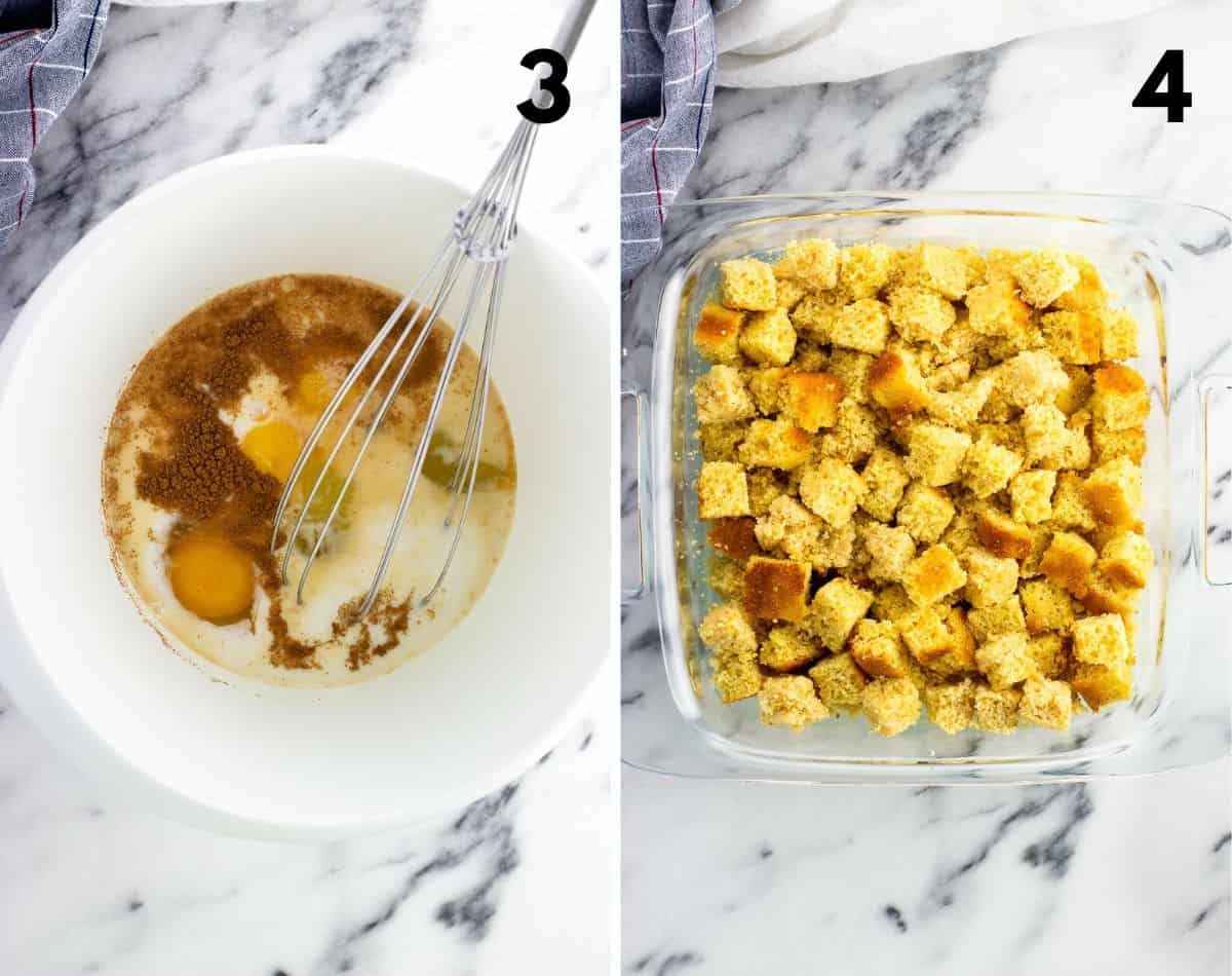 Milk, eggs, maple syrup, vanilla, and cinnamon in a bowl (left) and cornbread cubes in a pan (right).