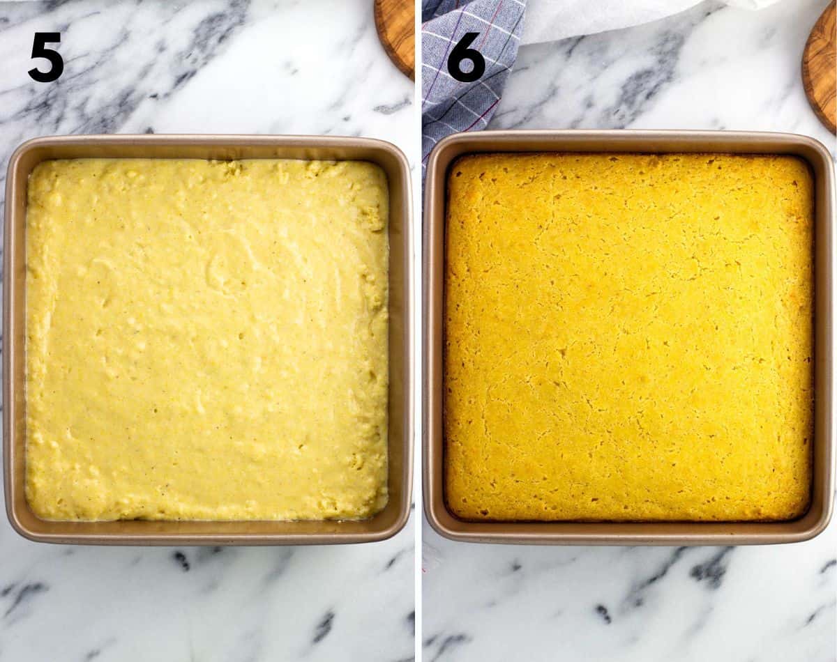 Honey cornbread batter poured into a square pan before (left) and after (right) baking.