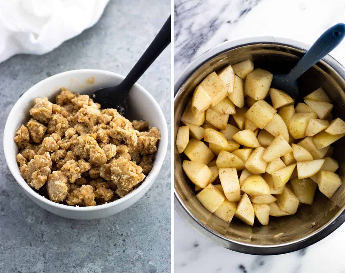 Crumble topping prepped in a bowl (left) and pears tossed with filling ingredients (right).
