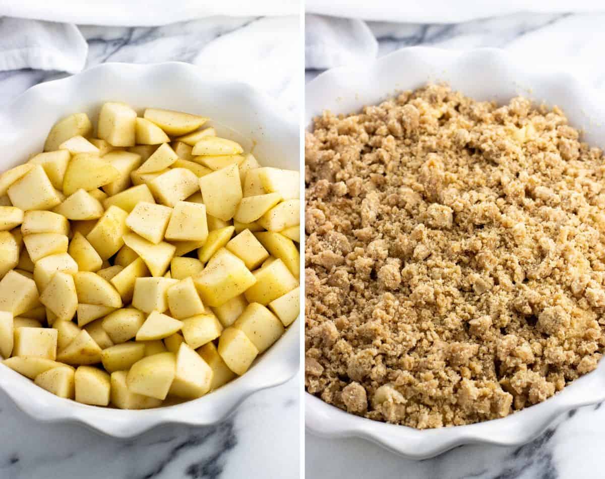 Chopped pears in a baking dish before (left) and after (right) covered in crumble topping.