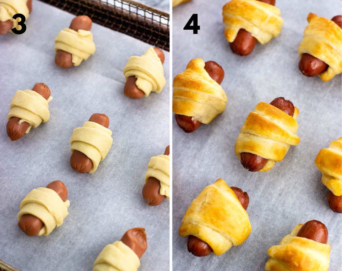 Pigs in a blanket on an air fryer basket before (left) an after (right) cooking.