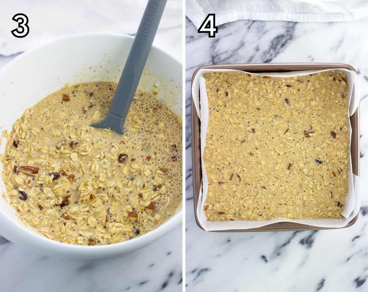 All ingredients combined in a mixing bowl (left) and poured into a parchment-lined square pan (right).