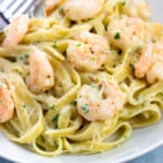 A plate of healthy shrimp alfredo with a fork.
