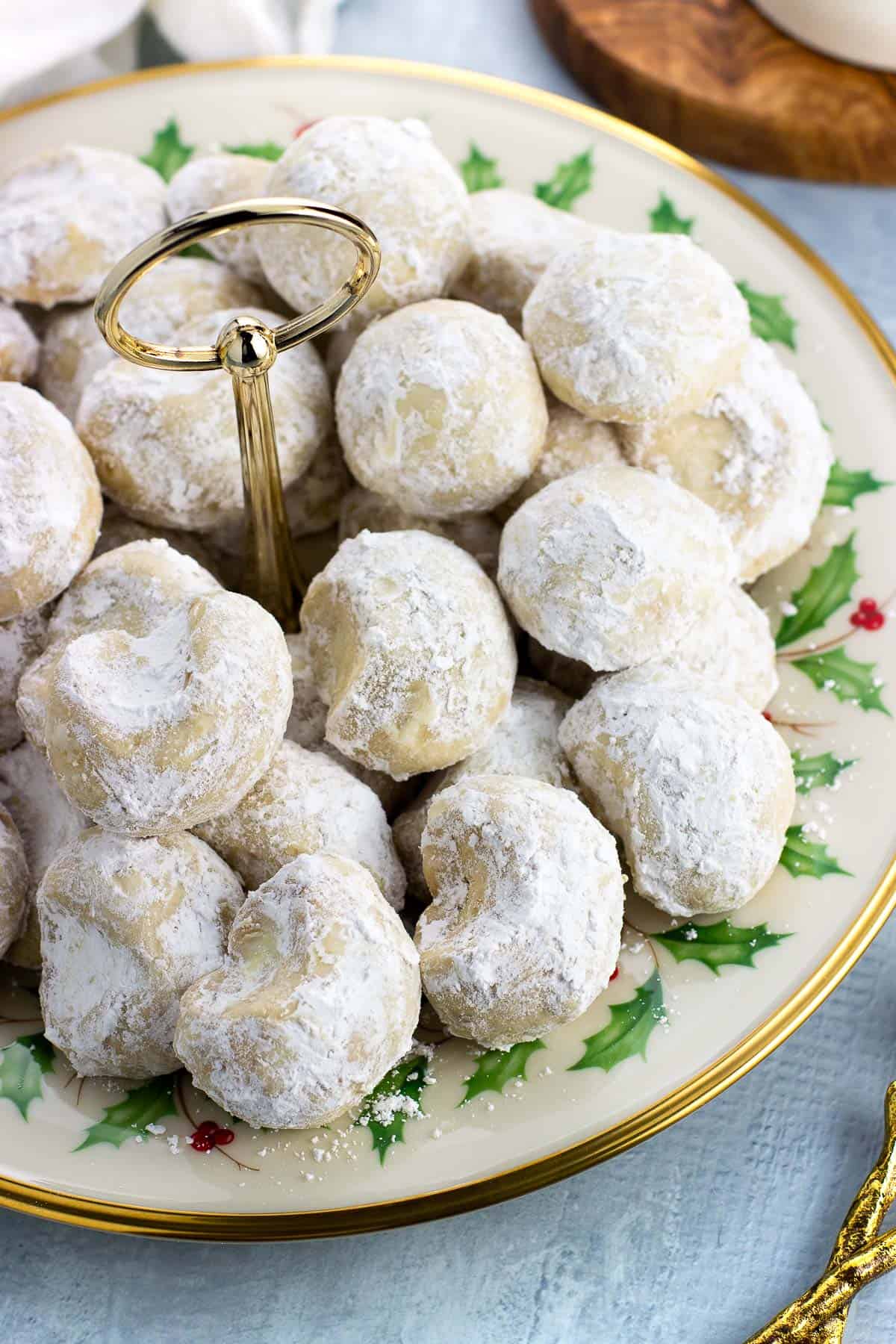 A serving platter of Italian wedding cookies.