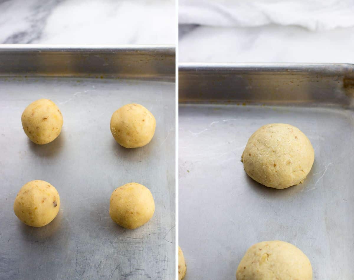 Round Italian wedding cookies on a baking sheet before (left) and after (right) baking.