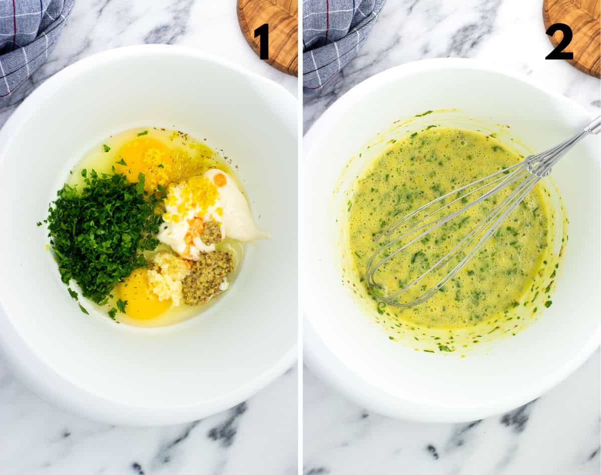 Egg, mayo, mustard, garlic, lemon zest, parsley, hot sauce, salt, and pepper in a bowl before (left) and after (right) whisking.