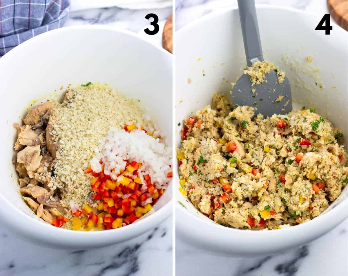 All patty ingredients in a large bowl before (left) and after (right) mixing.
