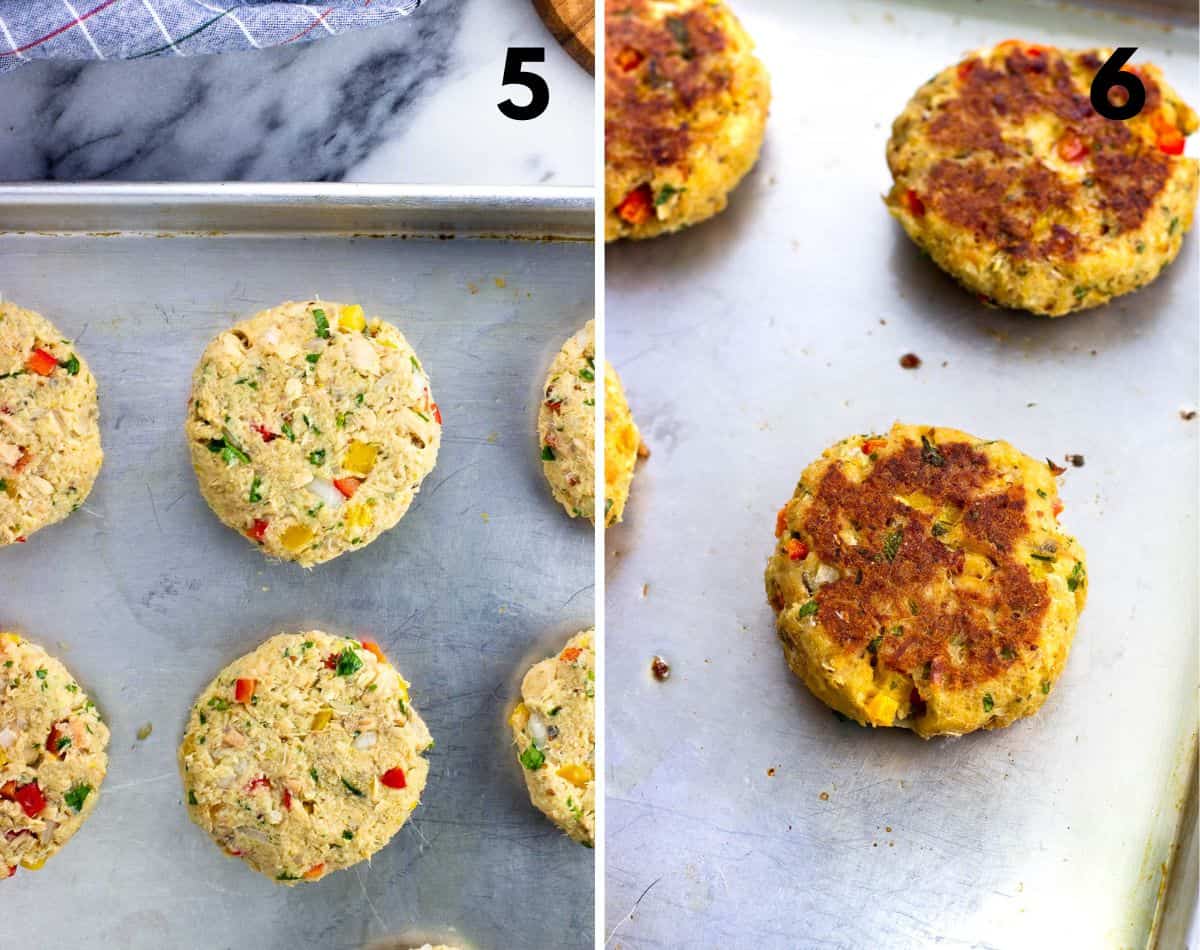 Shaped patties on a sheet pan before (left) and after (right) baking.