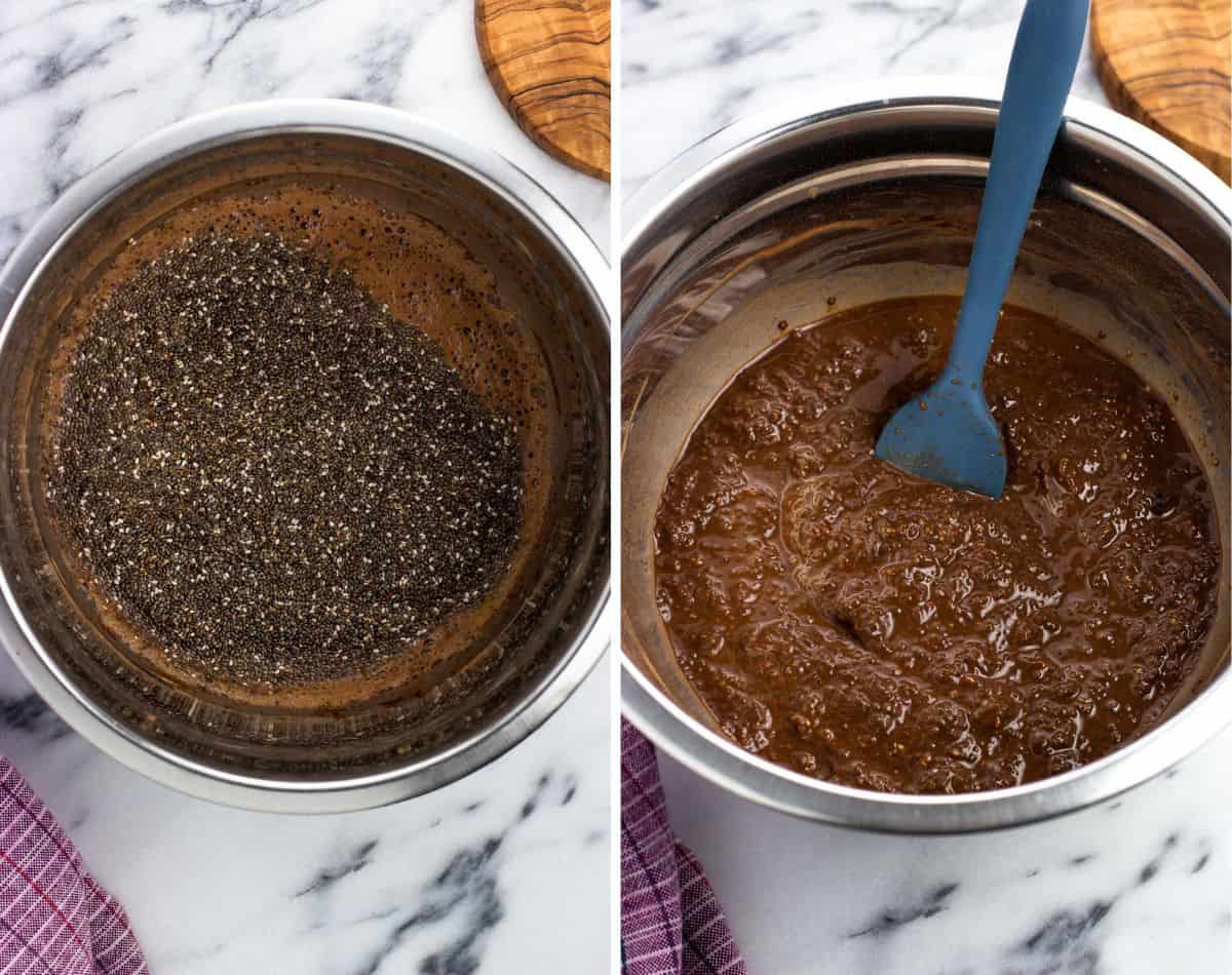 Chia seeds poured into the mixing bowl of ingredients before (left) and after (right) soaking.